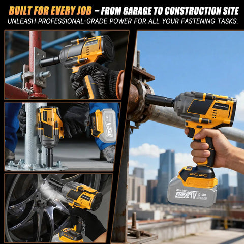Pro Grade Cordless Impact Wrench With 1/2 Inch Drive being used for tire change and construction tasks.