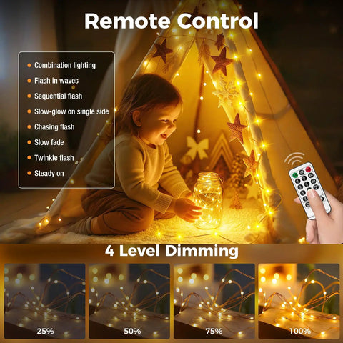 Child playing with Dope Warm White Outdoor Fairy Lights With Remote, 33 Feet Of 100 LED Twinkle String Lights, in a tent