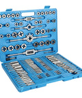 110 Piece Metric And SAE Tap And Die Set For Metalworking With Beefy Alloy Steel Titanium Tools in blue storage case open view