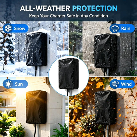Beefy Weatherproof Cover For Electric Vehicle Charging Station Compatible With Lectron V Box 32a protecting charger from rain, snow, and sun.