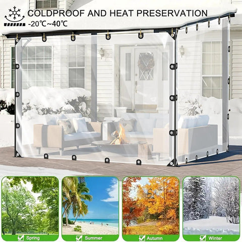 4x6 Ft Clear Tarp For Outdoor Use Heavy Duty PE Clear Vinyl Tarp With Reinforced Grommets shown on patio in winter setting