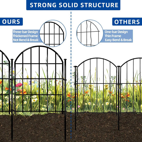 Comparison of 26 Pack Decorative Garden Fence 22 Inch By 28 Foot Arched No Dig Border Fence vs standard fence in garden setting