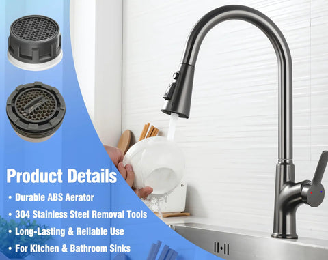 Snag This Faucet Aerator Replacement Kit With Six Stainless Removal Keys For Kitchen And Bathroom Fixtures Universal 32 Piece Internal And External Thread Repair Set M16.5 To M24 showing ABS aerator and stainless steel tools.