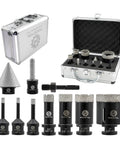 Pro Grade Diamond Core Drill Bit Set 10pc Kit For Porcelain Ceramic Tile Marble Granite displayed with case and tools