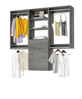 Top Shelf Grey Closet Organizer Kit Measuring 67.5 Inches Across with double hanging rods, shelves, and drawers in gray.