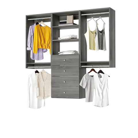 Top Shelf Grey Closet Organizer Kit Measuring 67.5 Inches Across with double hanging rods, shelves, and drawers in gray.