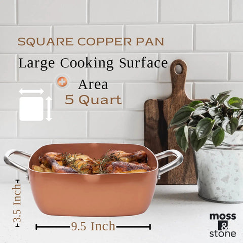 Copper Chef 5 Piece Nonstick Copper Cookware Set With Deep Fry Pan, 5 Qt square pan with chicken, 9.5 x 3.5 in dimensions, induction ready.
