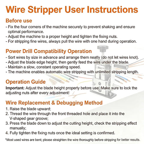Wire stripper user instructions detailing operation and adjustment for Knockout Performance Wire Stripper Machine For Scrap Copper.