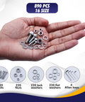 Top Shelf Metric Socket Head Cap Screws Kit 304 Stainless Steel Bolts And Nuts Assortment Rust Proof Heavy Duty Fasteners in hand.