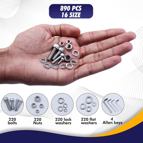 Top Shelf Metric Socket Head Cap Screws Kit 304 Stainless Steel Bolts And Nuts Assortment Rust Proof Heavy Duty Fasteners in hand.