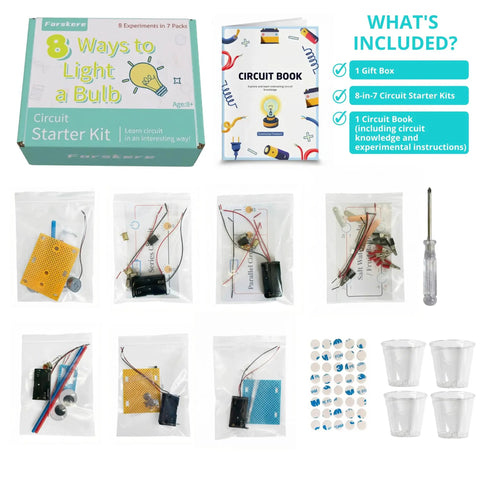 Hands On Electric Circuit Kit For Kids And Students 8 Experiments In 7 Sets With Series And Parallel Circuits Seawater Power Fruit Batteries Beginner Friendly Electrical Science Projects kit box, book, wires and cups