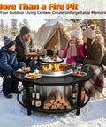 Family enjoying outdoor fire pit surround table with 40 inch tabletop and 21 inch inner ring for bonfire and ranger on patio