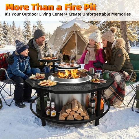 Family enjoying outdoor fire pit surround table with 40 inch tabletop and 21 inch inner ring for bonfire and ranger on patio