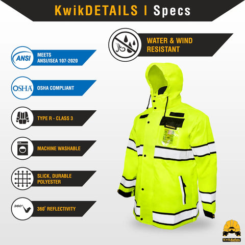Torrent Class 3 Safety Rain Jacket ANSI Tested OSHA HiVis Reflective Coat Waterproof Weatherproof Rain Gear with features overview