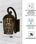 Outdoor Wall Lantern Sconce For Front Door And Patio, 21.25 Inch Exterior Light Fixture In Burnt Umber Finish, Modern Cage Shade Design To Level Up Your Curb Appeal, Weatherproof Exterior Lighting For Porch displaying dimensions and features