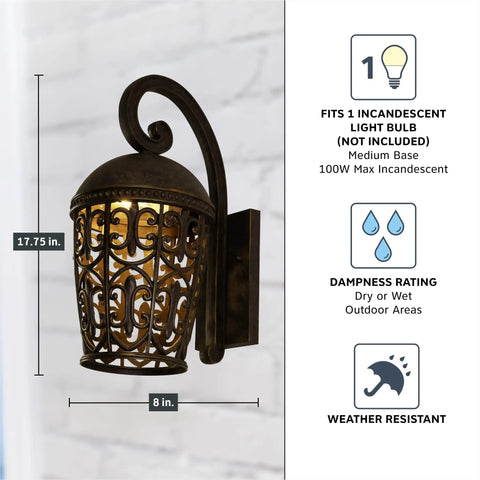 Outdoor Wall Lantern Sconce For Front Door And Patio, 21.25 Inch Exterior Light Fixture In Burnt Umber Finish, Modern Cage Shade Design To Level Up Your Curb Appeal, Weatherproof Exterior Lighting For Porch displaying dimensions and features