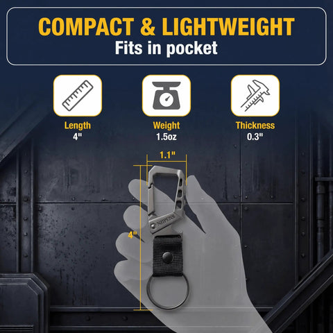 Dope Built Tough Heavy Duty Keychain Bottle Opener With Carabiner Clip And Key Ring held in hand, showing size and dimensions