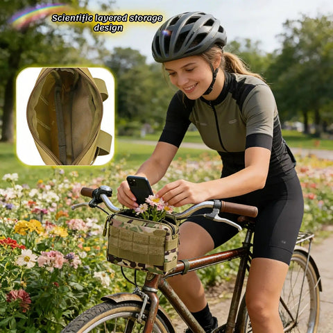 Cyclist with Versatile Tactical Pouch Waist Bag For Everyday Carry on handlebar, insert image of bag's interior storage