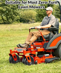 Man using zero-turn mower with Flat Free Lawn Mower Tire and Wheel Set 11 By 6.00 By 5 Front Solid Tires for Zero Turn Mowers.