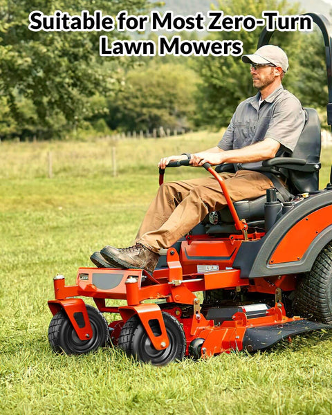 Man using zero-turn mower with Flat Free Lawn Mower Tire and Wheel Set 11 By 6.00 By 5 Front Solid Tires for Zero Turn Mowers.