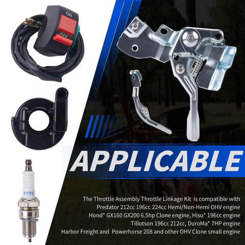 Throttle Linkage Kit And Governor Control Assembly For Predator 212 And 196cc Engines including parts shown on background.