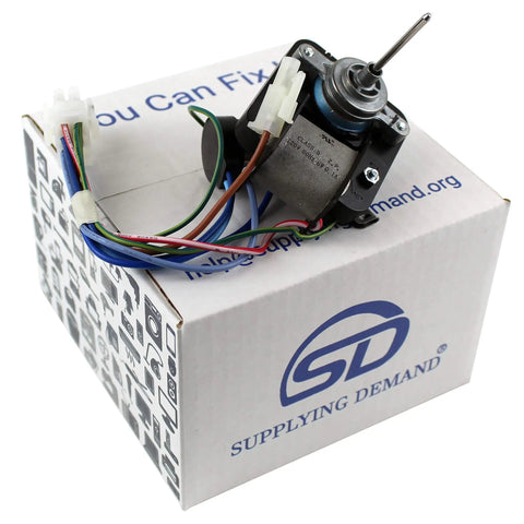 Refrigerator Evaporator Fan Motor Replacement For 808602601 And 808602602 on branded box, showing wires and shaft