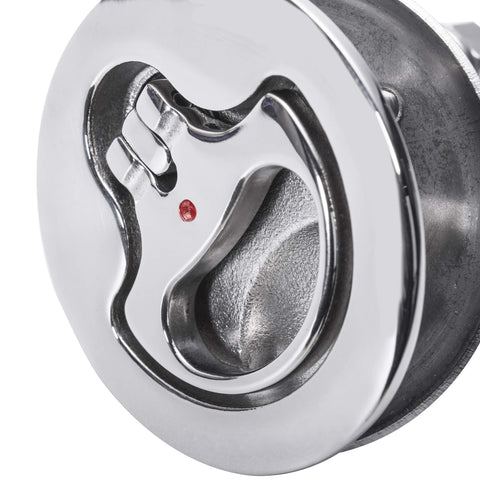 Front view of Boat Cam Latch Marine Grade 316 Stainless Steel Flush Pull Hatch Lift with mirror-polished finish and locking arm.