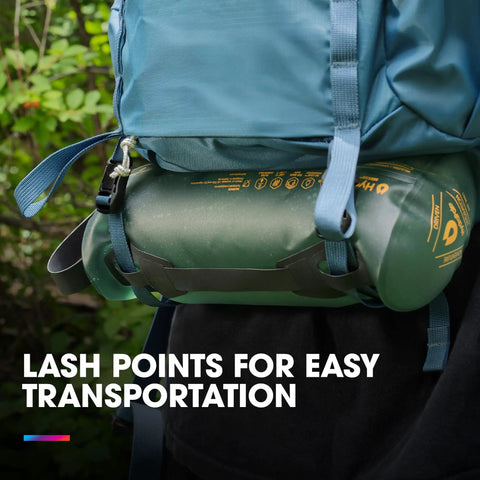 Seeker Collapsible Water Storage Bag For Camping 2L strapped to a backpack, showing lash points for easy transportation.