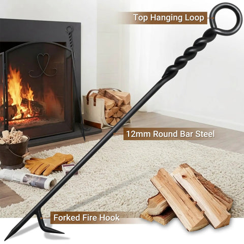 Beefy 40 Inch Heavy Duty Fire Poker With Twisted Rope Grip shown in front of indoor fireplace with logs and forked fire hook