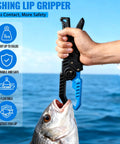 Hand using fishing lip gripper to hold fish, featuring blue ocean background, showcased for All In One Fishing Kit With Rod And Reel, Net, Tackle.