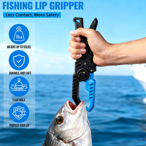Hand using fishing lip gripper to hold fish, featuring blue ocean background, showcased for All In One Fishing Kit With Rod And Reel, Net, Tackle.