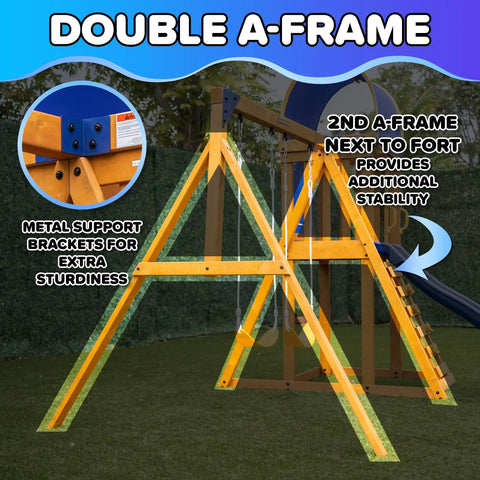 Cedar Wood Swing Set With Nighttime LED Swings And Slide featuring a heavy duty double A frame for stability in backyard.