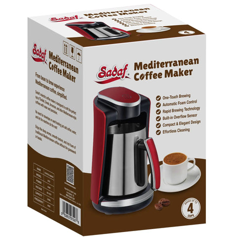 One-Touch Turkish Greek Armenian Coffee Maker For Home Use Stainless Steel Red 250ml With Creamy Foam Crema on box packaging