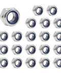 Heavy Duty 20 Pack M6 Nylon Lock Nuts Solid As A Rock 304 Stainless Steel Hex Fasteners arranged in a grid.