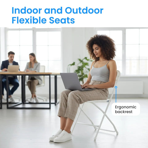 Woman sitting on Ten Pack Plastic Folding Chairs With Metal Frame Foldable And Stackable Portable 330 Lb Capacity Perfect For Wedding Party Picnic Office Indoor Outdoor Dining White