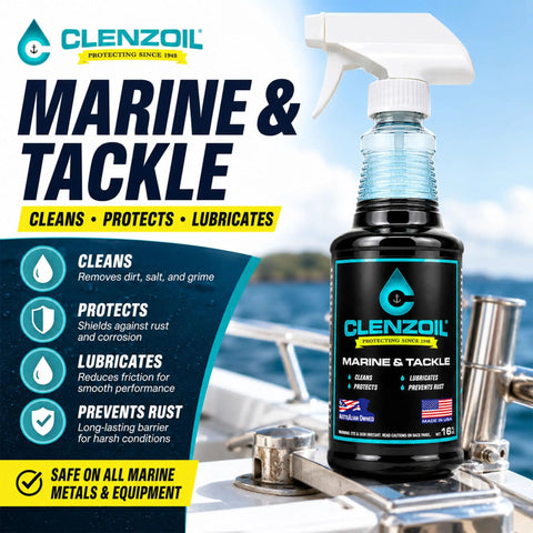 Marine Gear Lubricant And Cleaner For Reels, Boat Motors, Downriggers And Tackle, 16 oz trigger spray bottle on boat deck
