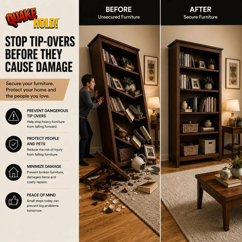Top Tier Anti Tip Furniture Safety Straps Keep Your Cabinet And Entertainment Center Units Rock Solid Peel Press Adhesive Mount With Wall Screw Anchor Stops Dangerous Wobbling Cold, before and after securing bookshelf.