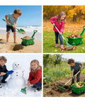 Children using 10 Piece Kids Gardening Tools Set With Wheelbarrow Shovel Rake Hoe And Leaf Rake outdoors in various activities.