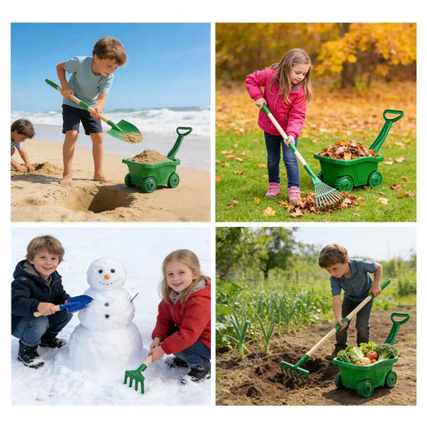 Children using 10 Piece Kids Gardening Tools Set With Wheelbarrow Shovel Rake Hoe And Leaf Rake outdoors in various activities.