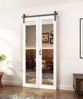 Bifold Barn Door With Mirror Panels And Hardware Kit For Closets And Rooms 40 By 84 Inches Sleek White Modern Style Durable MDF And Shatterproof