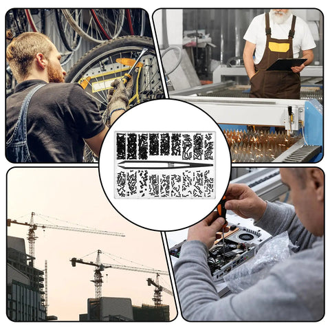 Collage of industrial and electronic repair scenes; focus on tool usage for bikes, factory equipment, and computer parts