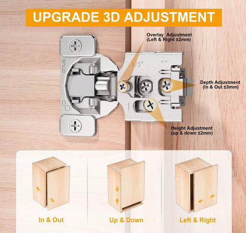 2 Pack 1/2 Inch Overlay Soft Close Cabinet Hinges With Clip On Plate, showing 3D adjustment features on wood surface