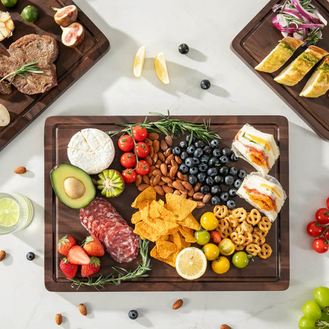 Heavy Duty End Grain Walnut Cutting Board Set Premium Wood Chopping Block For Kitchen Cooking Food Prep with vibrant snacks.