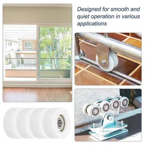 Pack Of Four White Plastic Roller Idler Bearings Pulleys 8x35x15mm For Sliding Doors Furniture Hardware Quiet Easy Glide Nylon Track Wheel For Home Improvement Projects, white nylon wheel close-up