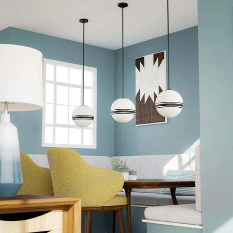 Pan 1 Light Pendant In Black With Round Milk Glass Shade And Black Stripes For Modern Home Lighting, Schoolhouse Globe Style With 11.375 Inch