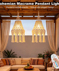 AVAMERY Boho Chic Macrame Pendant Lights with Tassels, remote control dimmable design in cozy outdoor setting.