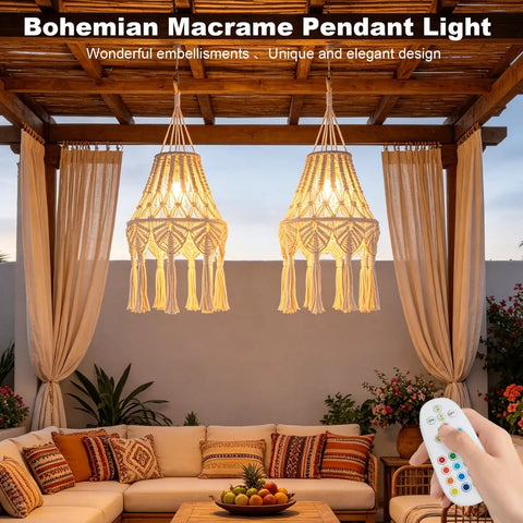 AVAMERY Boho Chic Macrame Pendant Lights with Tassels, remote control dimmable design in cozy outdoor setting.