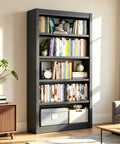 Heavy Duty 69 Inch Tall Metal Bookshelf Five Tier Adjustable Bookshelf In Black Finish filled with books and decor in a living room