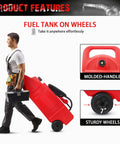 Man pulling 34 Gallon Fuel Caddy With Portable Design Manual Transfer Pump And 10 Ft Delivery Hose On Wheels Diesel And Gas Storage