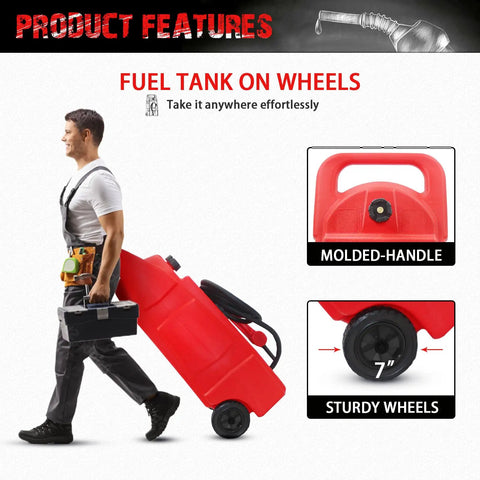 Man pulling 34 Gallon Fuel Caddy With Portable Design Manual Transfer Pump And 10 Ft Delivery Hose On Wheels Diesel And Gas Storage